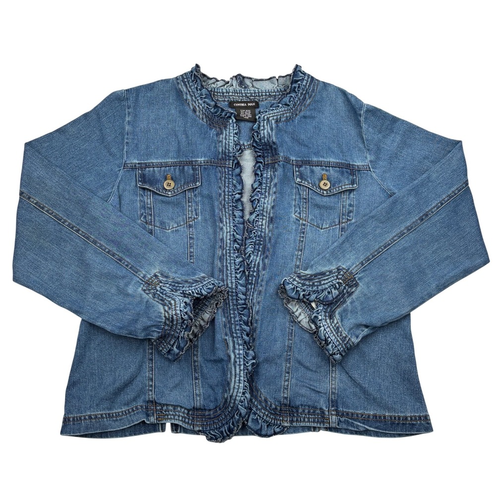 Cynthia Max Jacket Womens L Medium Blue Denim Ruffle Trim Cotton Tencel Large